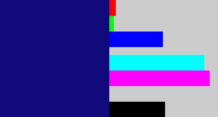 Hex color #100a7c - deep blue