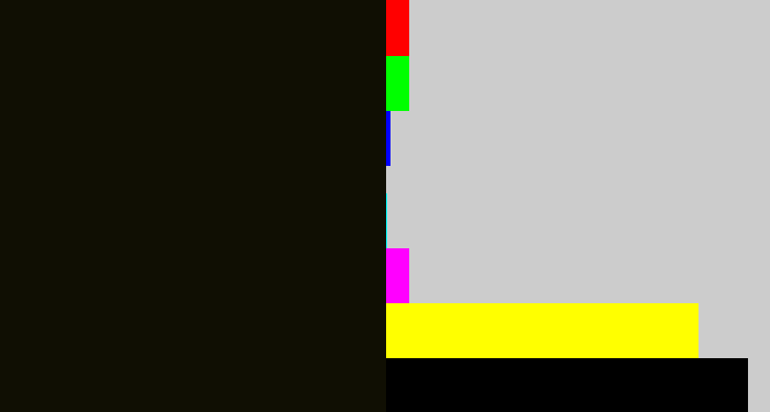 Hex color #100f03 - almost black