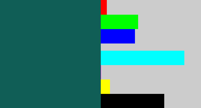 Hex color #105e56 - dark turquoise