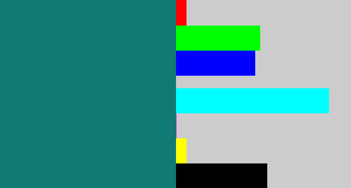 Hex color #107a73 - blue green