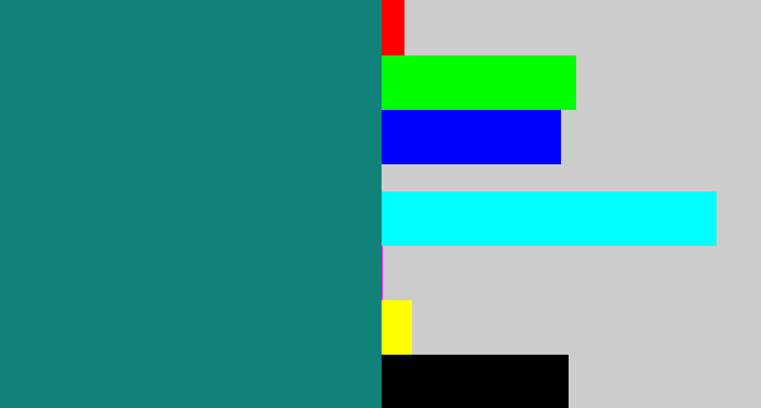 Hex color #108278 - blue green