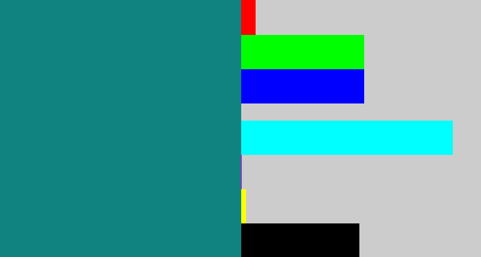 Hex color #108381 - greenish blue