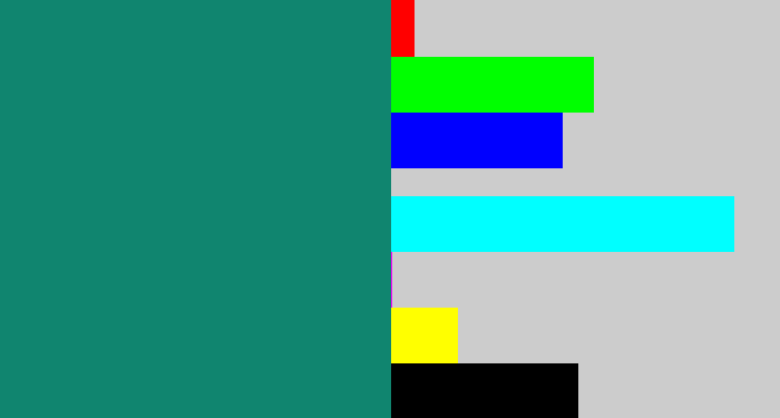 Hex color #10856f - blue green
