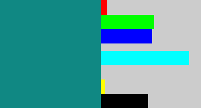 Hex color #108883 - greenish blue