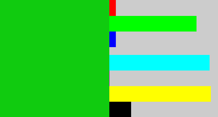 Hex color #10cb0f - vibrant green