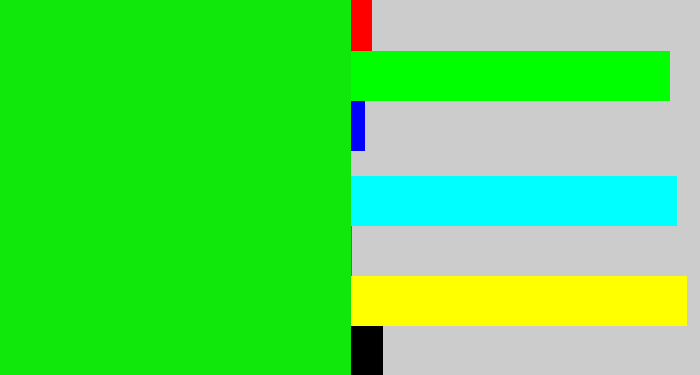 Hex color #10e70a - vibrant green