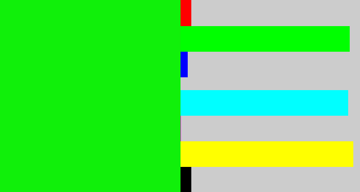 Hex color #10f00a - neon green