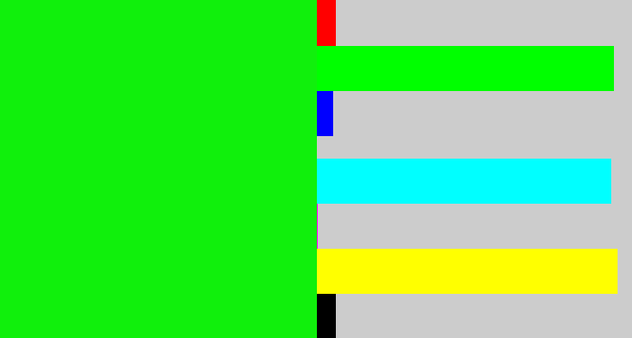 Hex color #10f00c - neon green