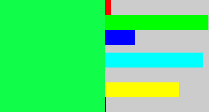 Hex color #10fd4a - bright light green