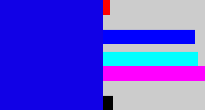 Hex color #1101e6 - ultramarine blue
