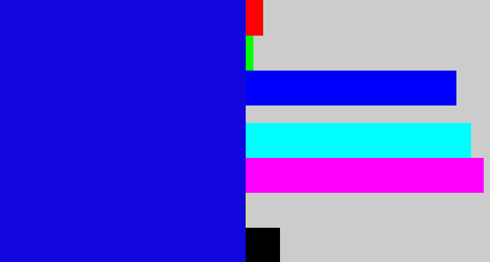 Hex color #1107dc - ultramarine blue