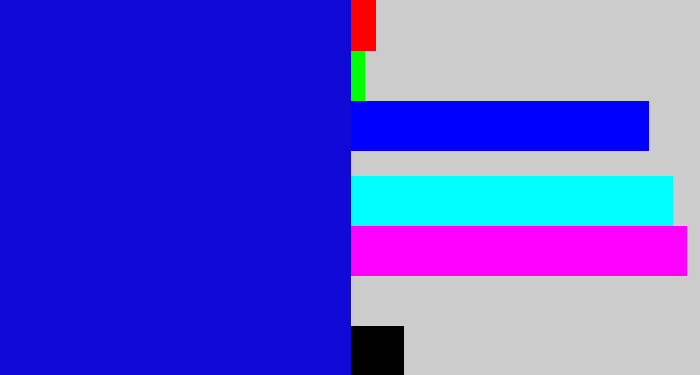 Hex color #1109d8 - ultramarine blue