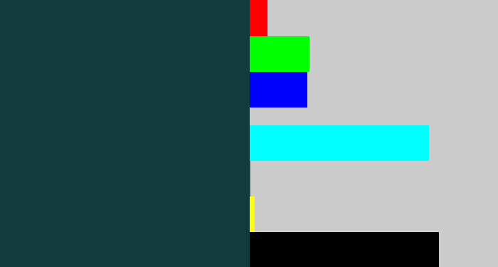 Hex color #113c3b - dark blue grey