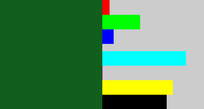 Hex color #115e1d - deep green