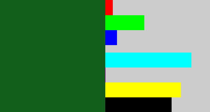 Hex color #115f1b - deep green