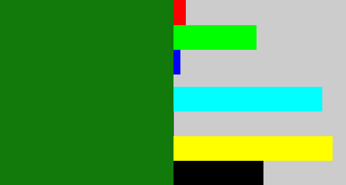 Hex color #117a0a - true green