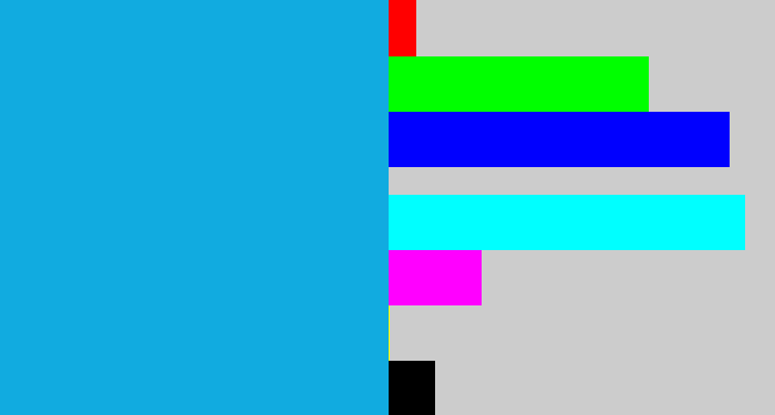Hex color #11abe0 - azure