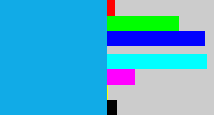 Hex color #11abe7 - azure