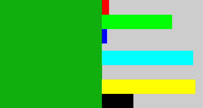 Hex color #11b00e - green