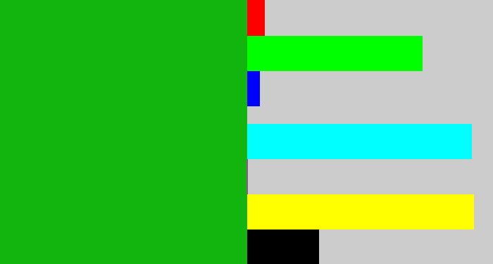 Hex color #11b50e - green
