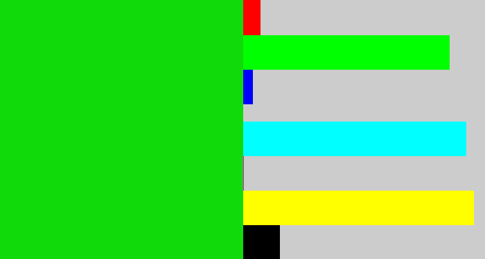 Hex color #11da0a - vibrant green