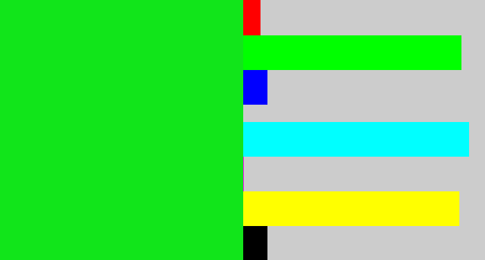 Hex color #11e51a - vibrant green
