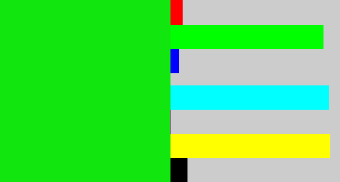 Hex color #11e60e - vibrant green
