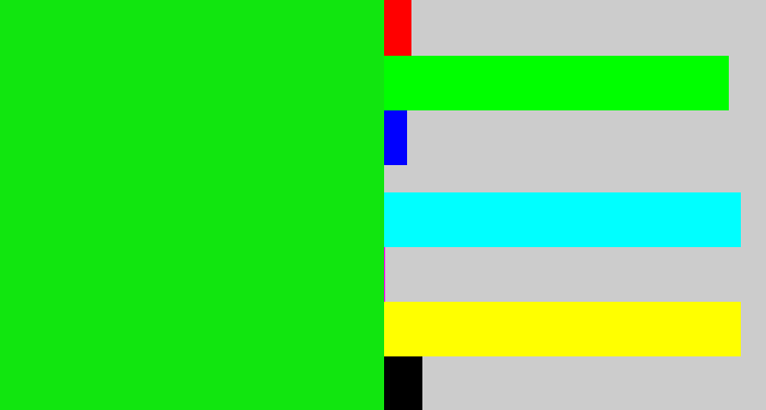 Hex color #11e60f - vibrant green