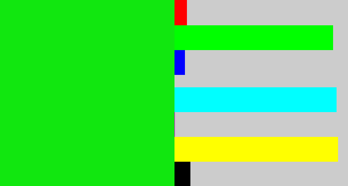 Hex color #11e70f - vibrant green