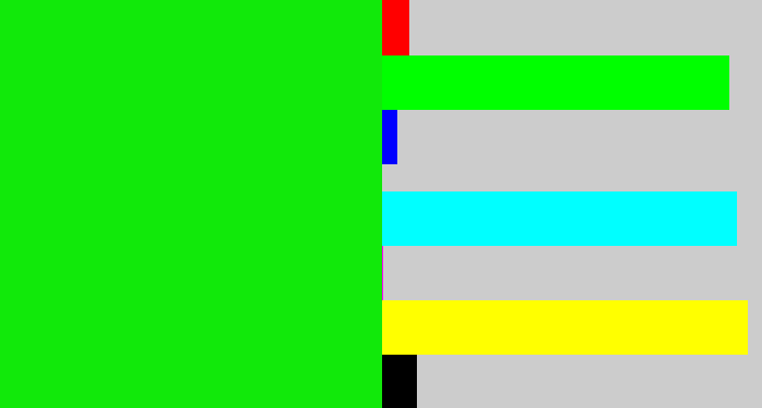 Hex color #11e90a - vibrant green