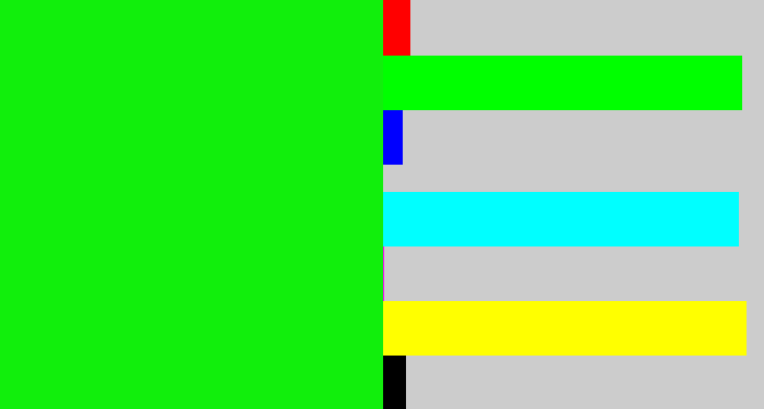 Hex color #11ef0c - neon green