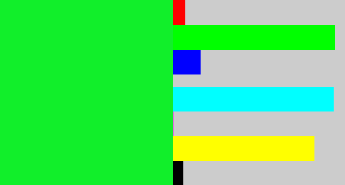 Hex color #11ef2a - hot green