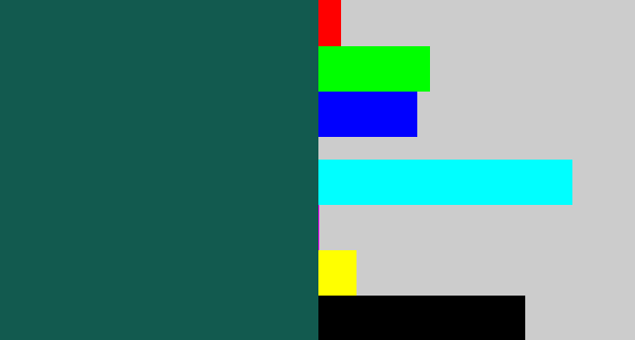 Hex color #125a4f - dark green blue