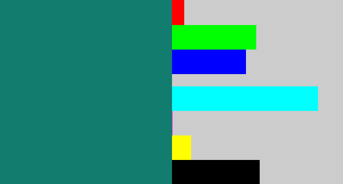 Hex color #127c6e - blue green