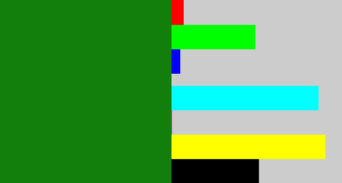 Hex color #127e0c - true green