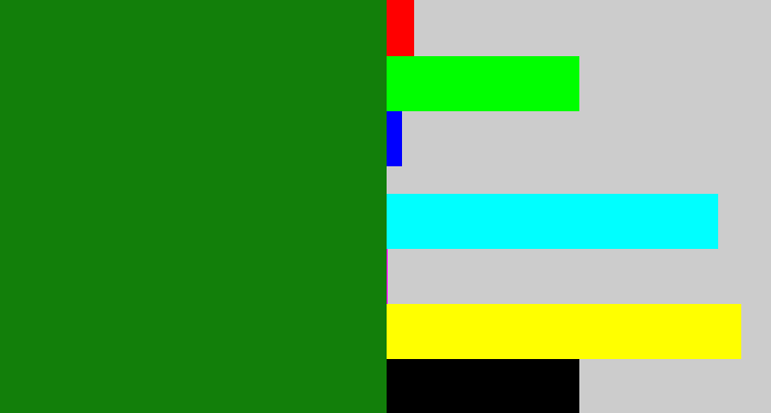 Hex color #127f0a - true green