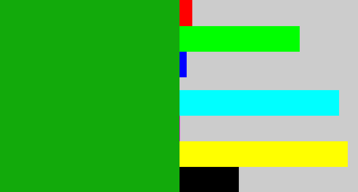 Hex color #12aa0b - green