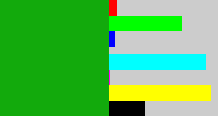 Hex color #12aa0c - green