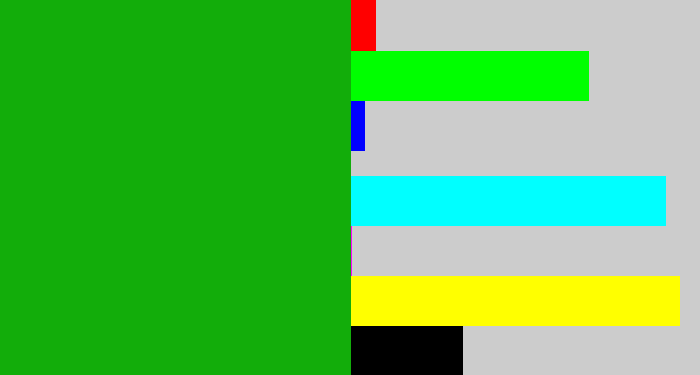 Hex color #12ad0a - green