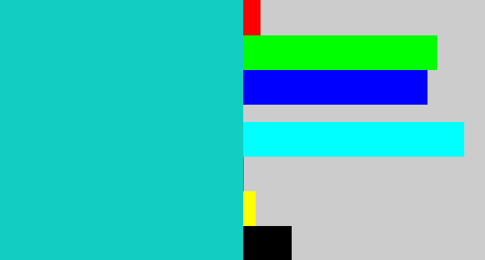 Hex color #12cdc2 - aquamarine