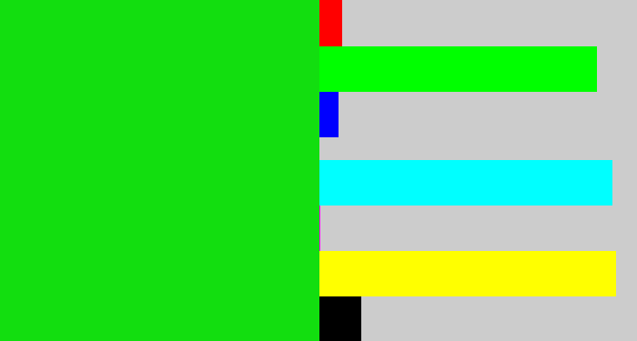 Hex color #12de0f - vibrant green