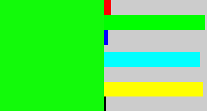 Hex color #12fa0a - neon green