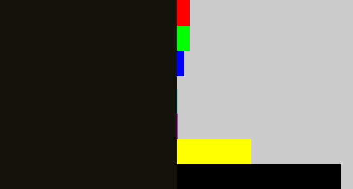 Hex color #13130b - almost black