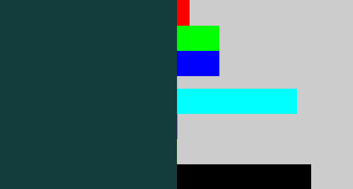 Hex color #133c3c - dark blue grey