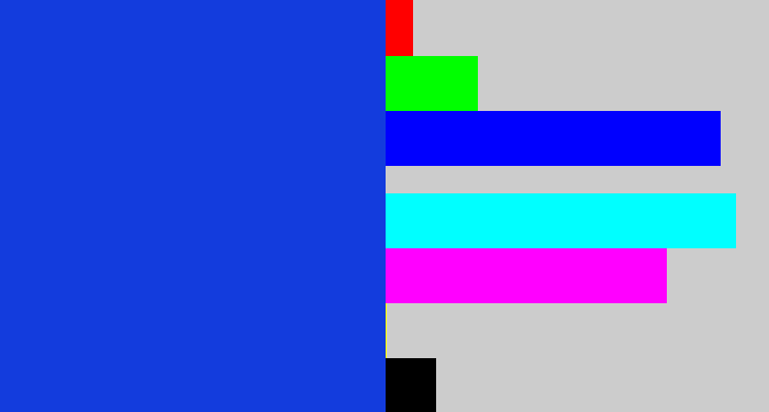 Hex color #133cdd - blue