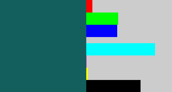 Hex color #135f5d - dark green blue