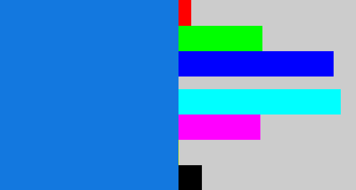 Hex color #1378df - cerulean blue