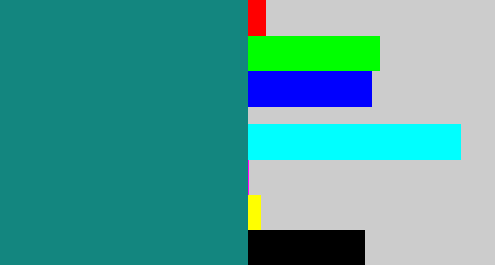 Hex color #13867f - greenish blue