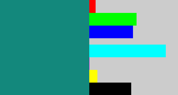 Hex color #13887c - greenish blue