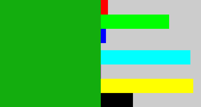 Hex color #13ad0e - green